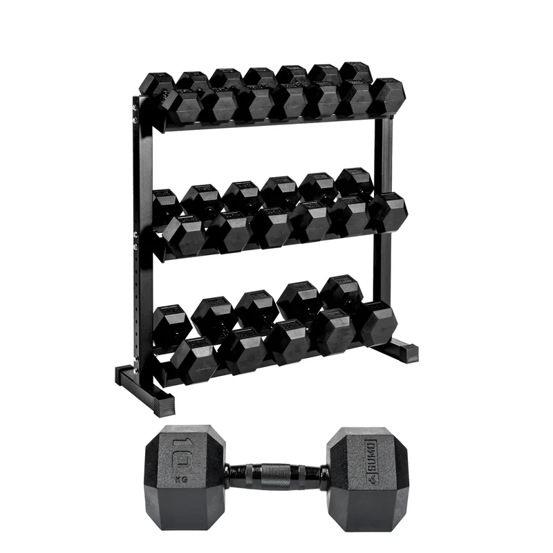 3-30kg Black Hex Dumbbell Set with Rack (10 Pair)
